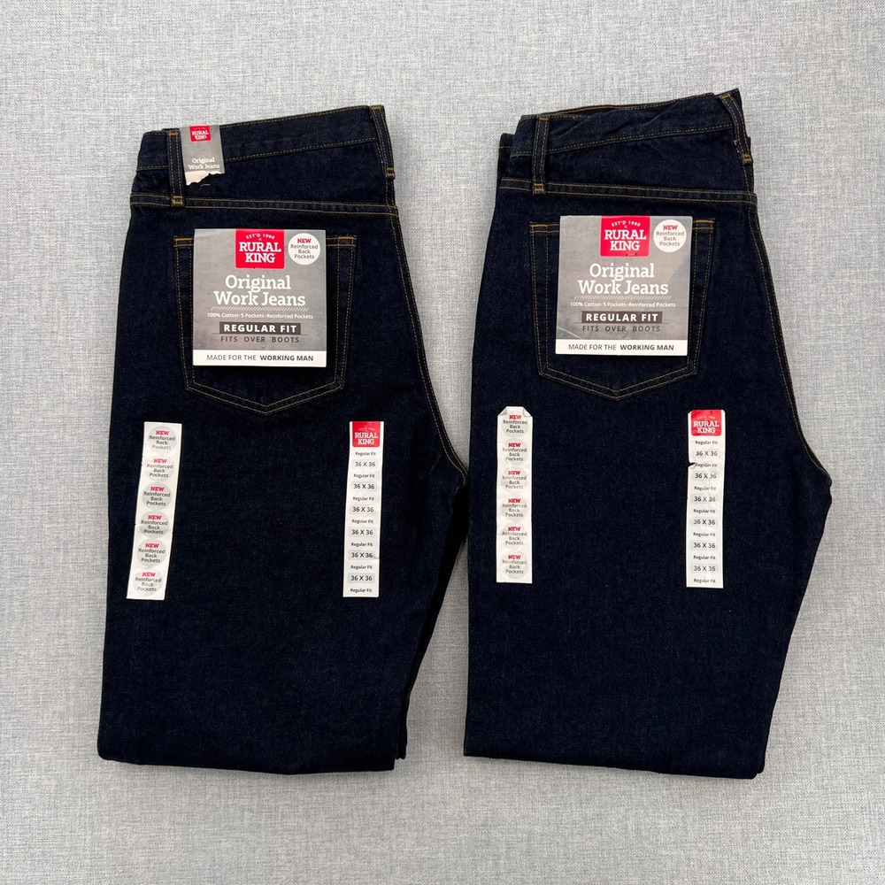 Lot of 2 Rural King Original Work Jeans 36x36 Dark Wash‎ Regular Fit Utility NEW